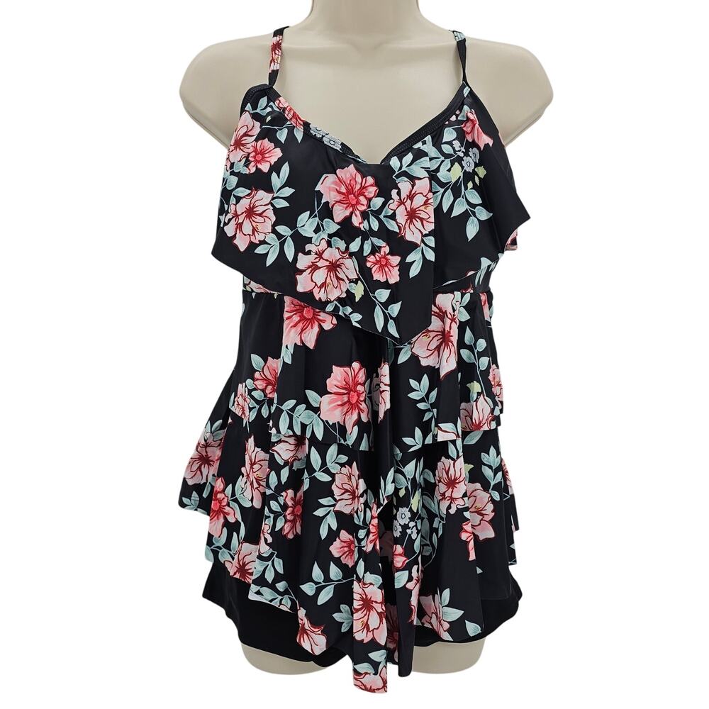 Yonique Womans size 3XL 2 Piece Ruffle Tankini Boyshorts Swimsuit Black NWOT